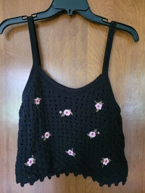 Arizona Jean Company Black Crocheted Crop Top with Pink Floral Accents